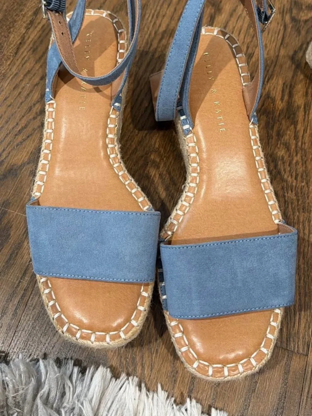 “Kelly and Kelly” wedge Sandals in Taupe and Denim Blue - Women's Summer Shoes